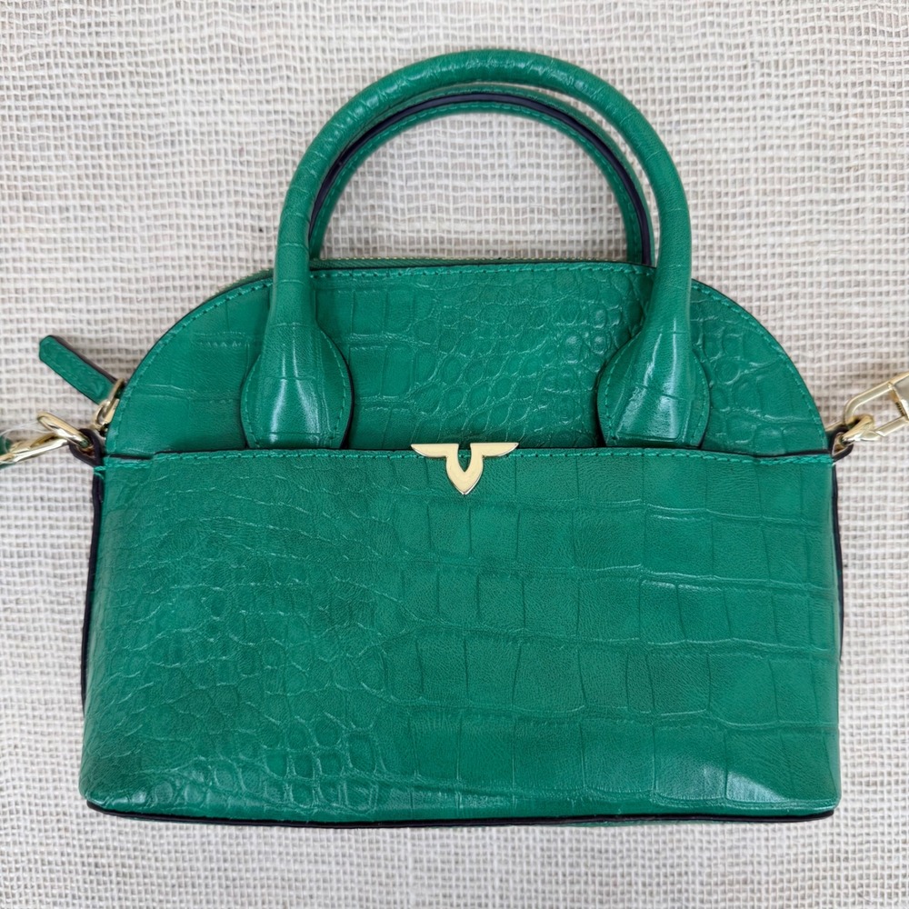 Kate Landry Green Croc Embossed Dome Satchel Crossbody Handbag Gold Hardware